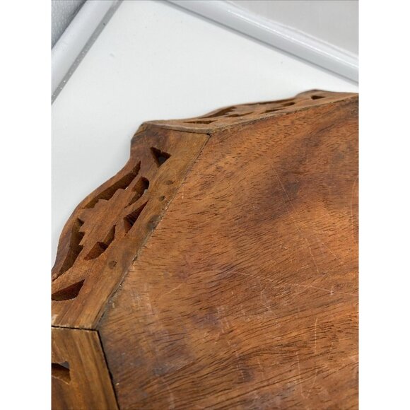 Vintage Octagonal Wood Serving 10.5" Tray Floral Center Hand Carved Artisan Boho - Picture 12 of 16